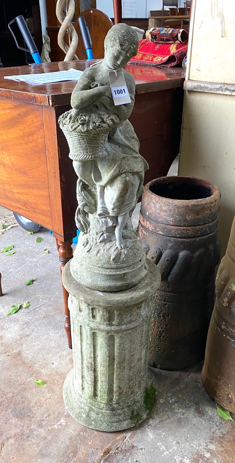 A reconstituted stone garden statue on plinth, overall 109cm